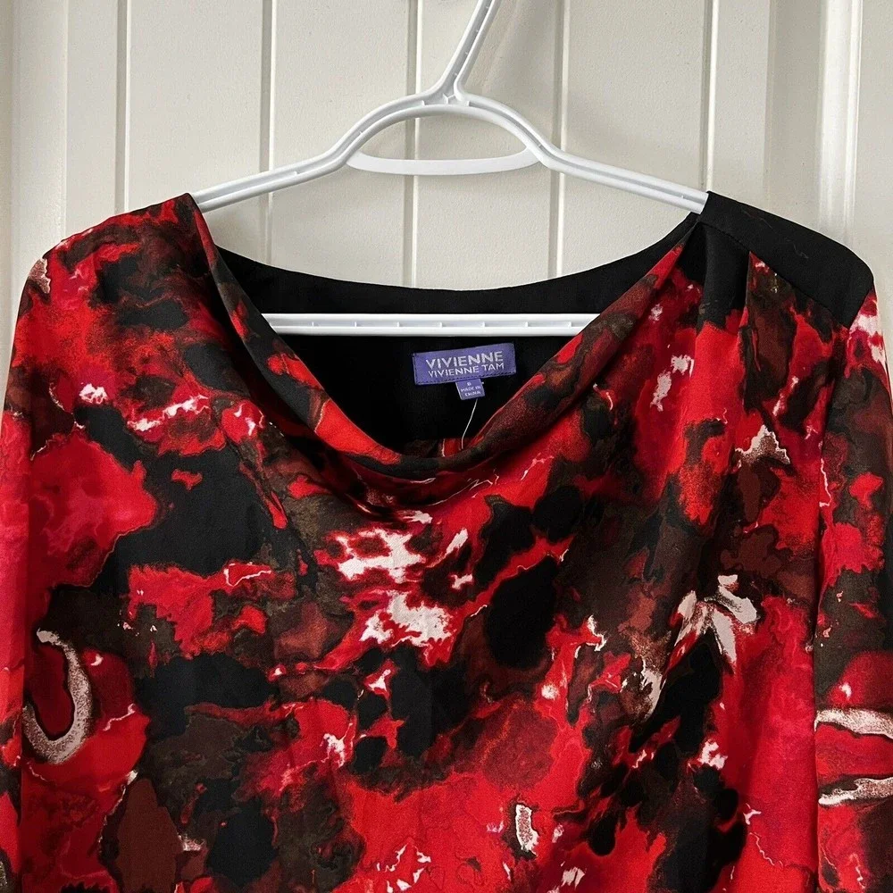 Vivienne Tam NWT Size 8 Red Black Draped Cowl Neck Long Sleeve Top Abstract Art - Picture 3 of 11